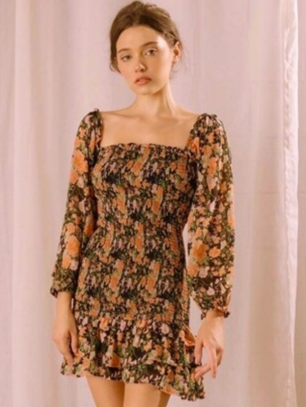 Storia SZ M Black with Peach Floral Print Mini Dress With Ruffles